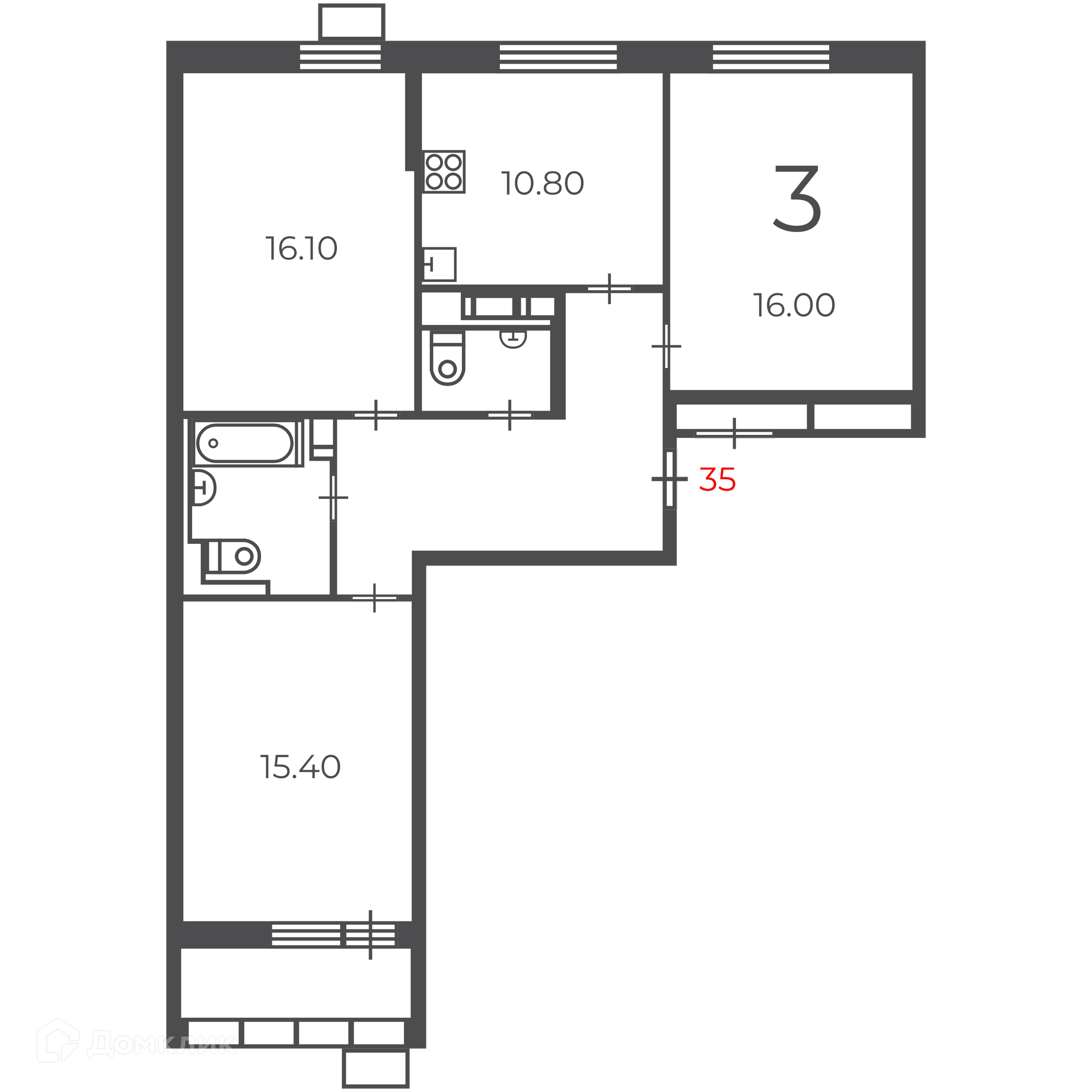 Планировка 3-комн. в ЖК «Чечёрский проезд, 28А (Московские кварталы)»