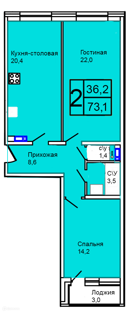 Планировка 2-комн. в ЖК «Троицкий»