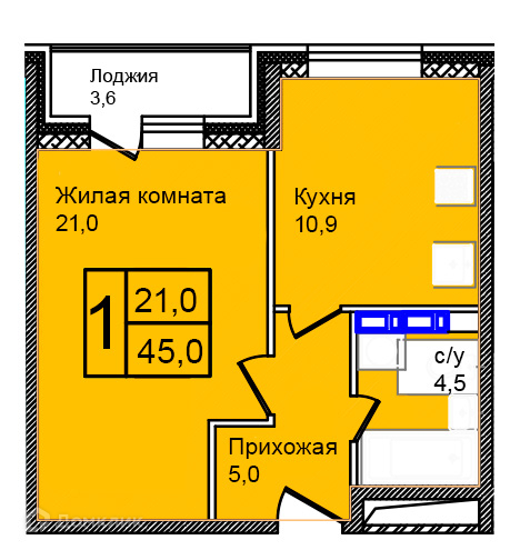 Планировка 1-комн. в ЖК «Троицкий»