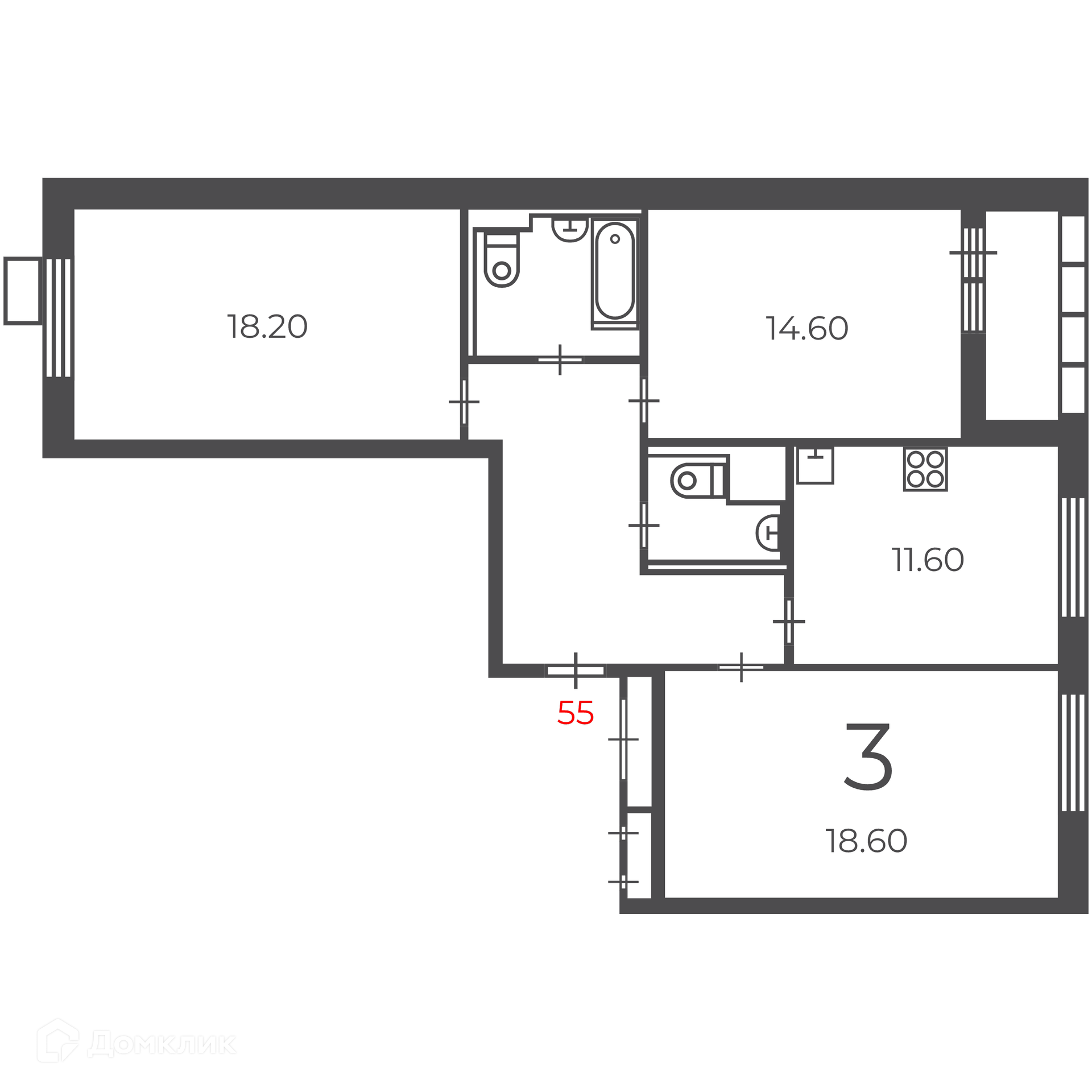 Планировка 3-комн. в ЖК «Чечёрский проезд, 28А (Московские кварталы)»