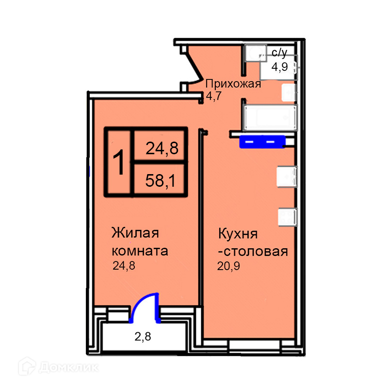 Планировка 1-комн. в ЖК «Троицкий»