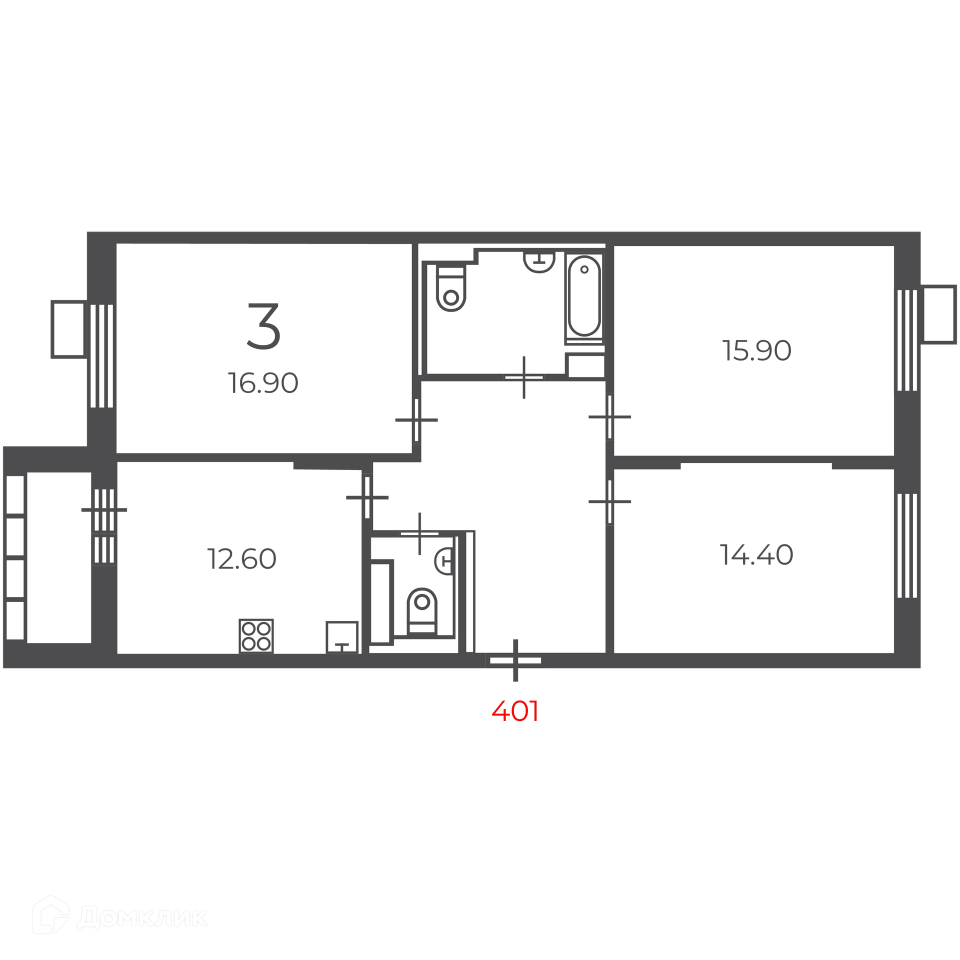Планировка 3-комн. в ЖК «Чечёрский проезд, 28А (Московские кварталы)»
