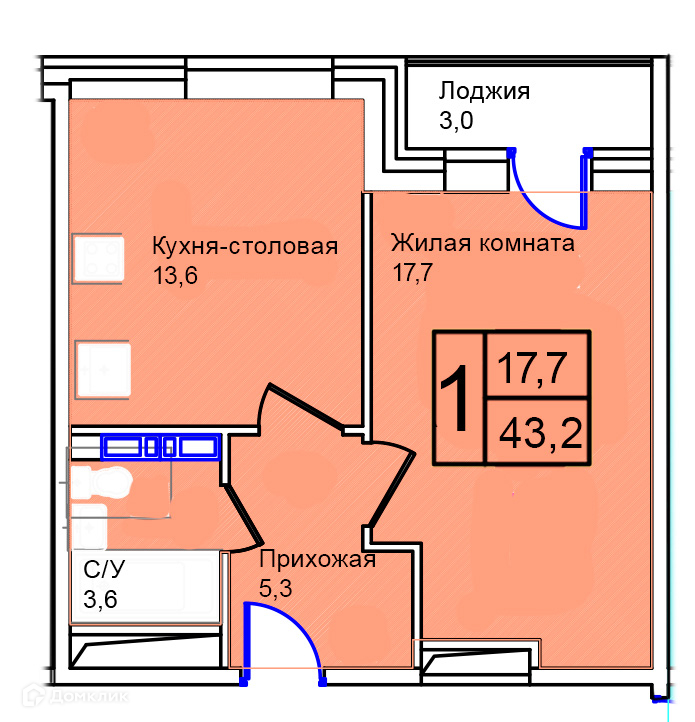 Планировка 1-комн. в ЖК «Троицкий»