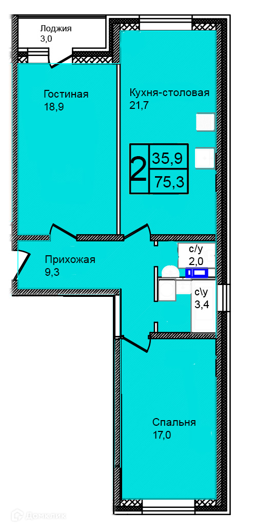 Планировка 2-комн. в ЖК «Троицкий»