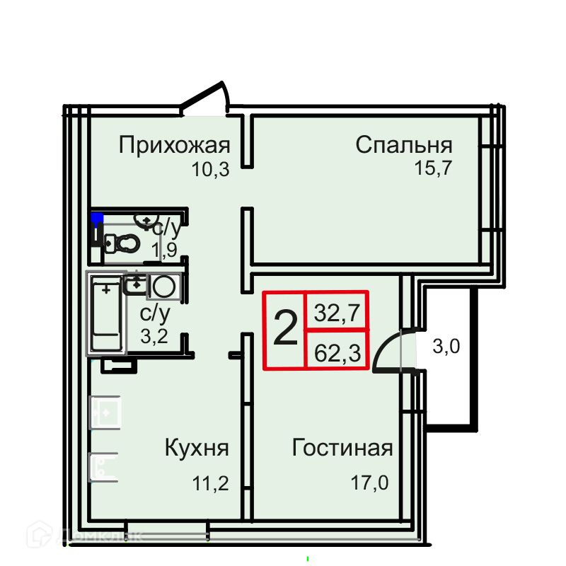 Планировка 2-комн. в ЖК «Троицкий»