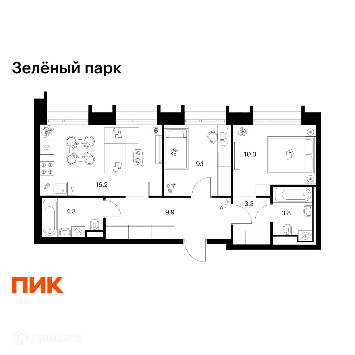 Планировка 2-комн. в ЖК «Зелёный парк»