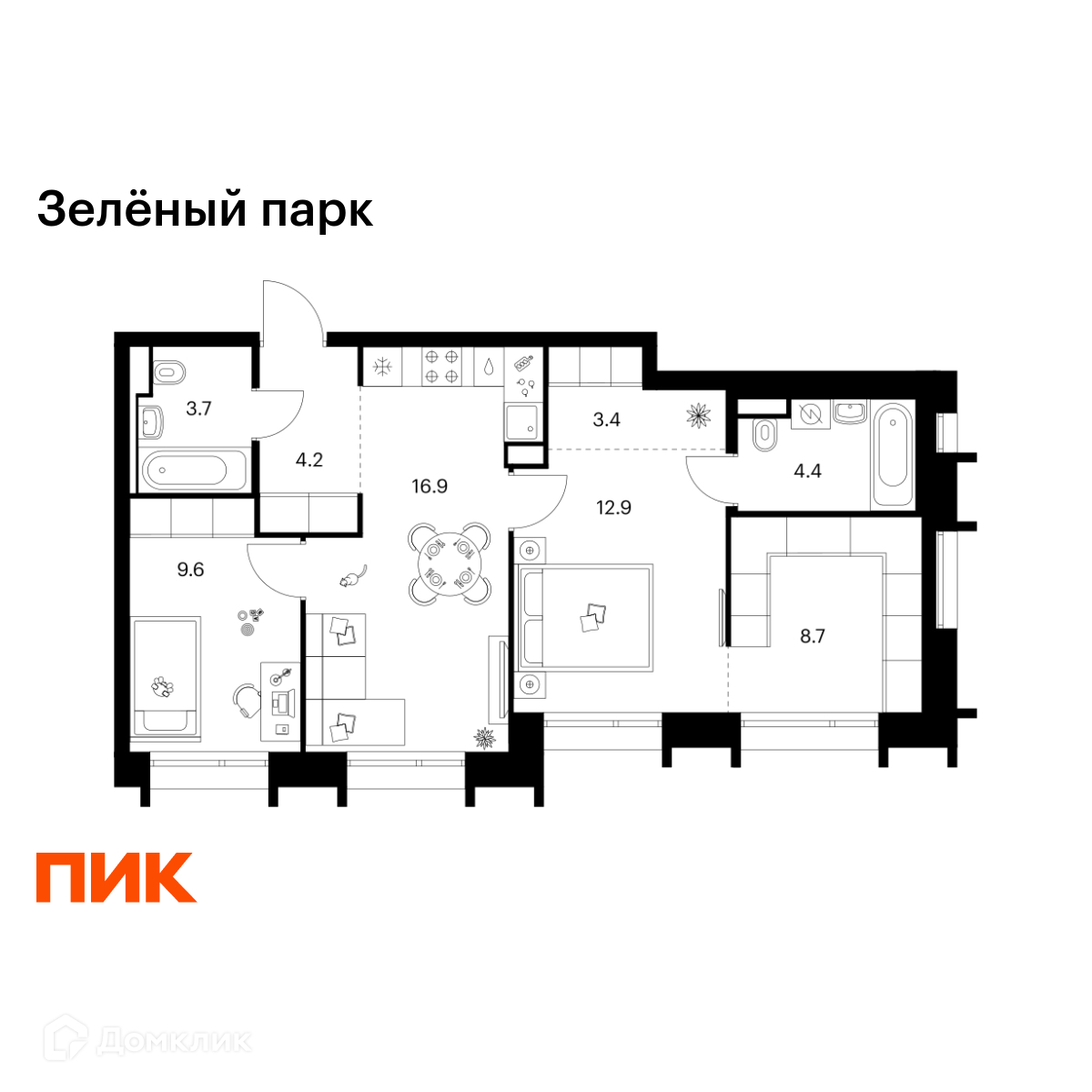 Планировка 2-комн. в ЖК «Зелёный парк»