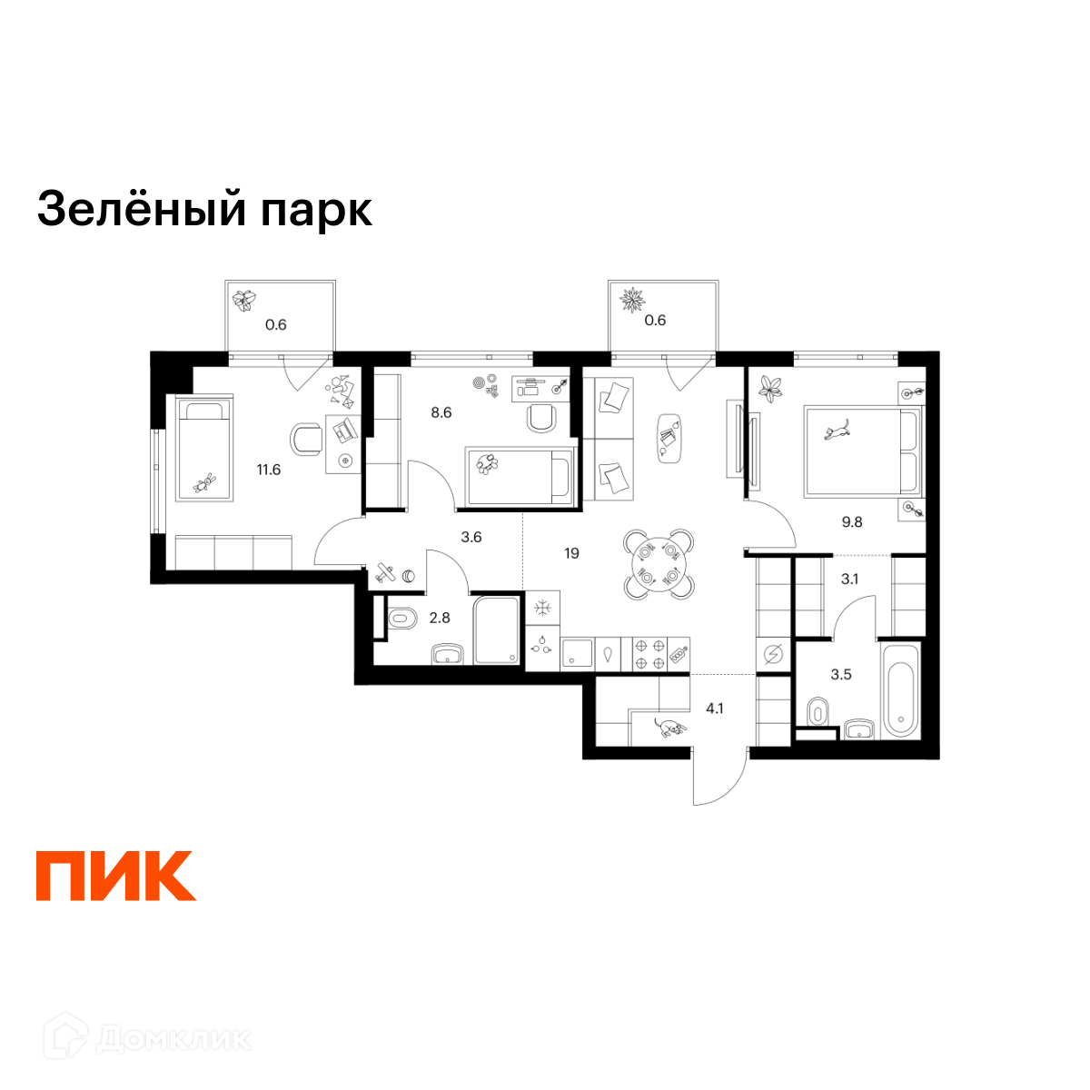 Планировка 3-комн. в ЖК «Зелёный парк»
