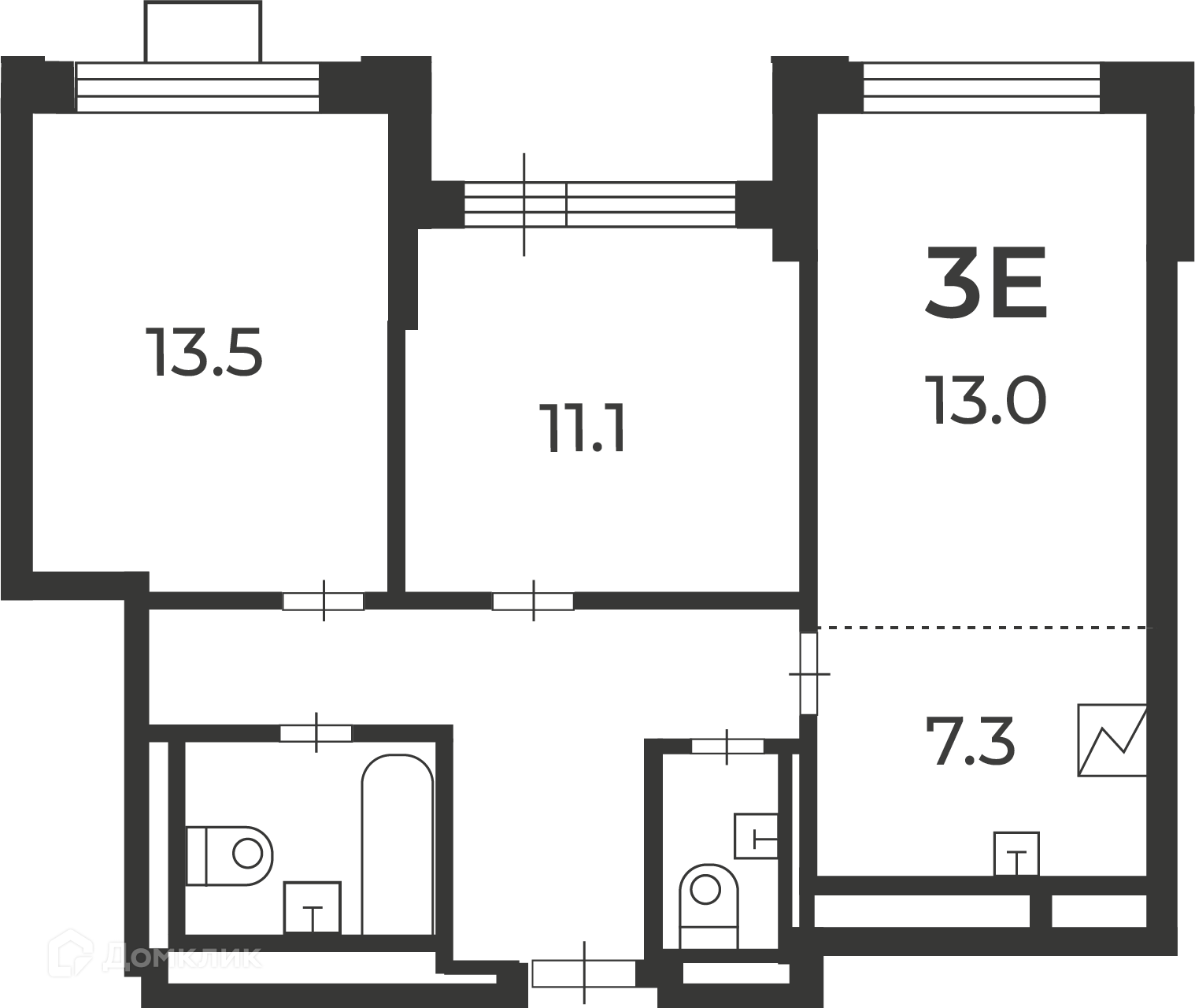 Планировка 3-комн. в ЖК «Милашенкова, 6 (Московские кварталы)»