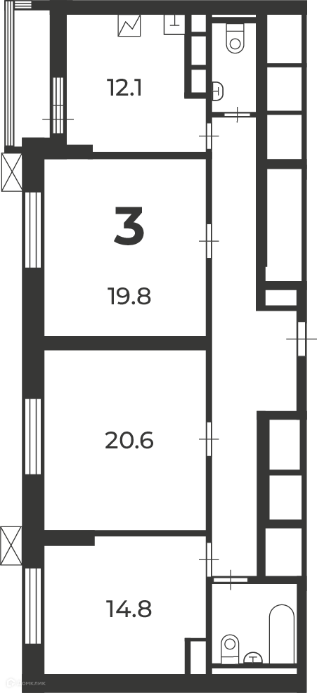 Планировка 3-комн. в ЖК «Фрезер, 17 (Московские кварталы)»