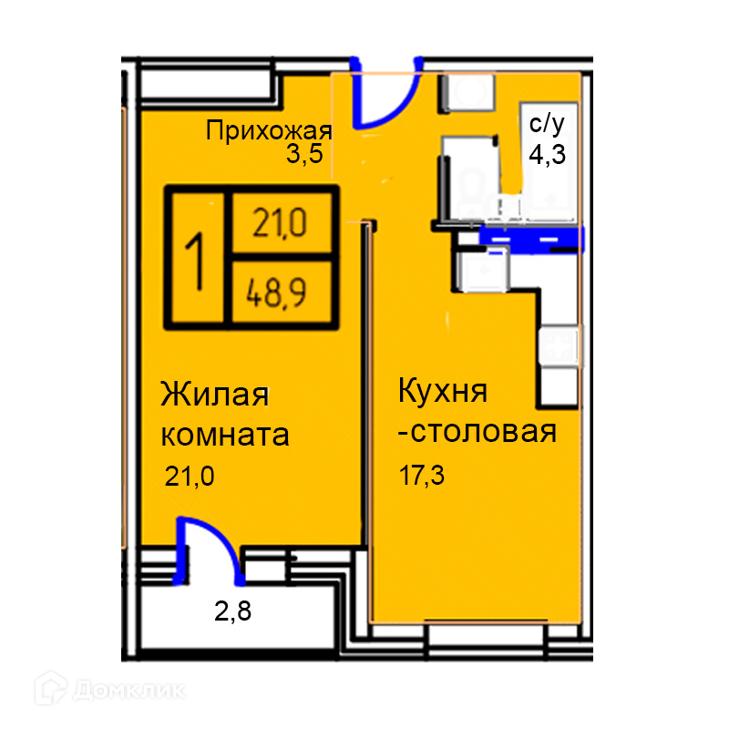 Планировка 1-комн. в ЖК «Троицкий»