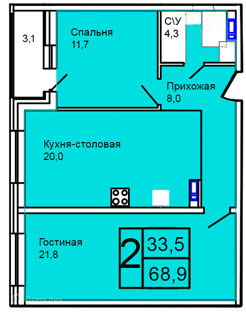 Планировка 2-комн. в ЖК «Троицкий»