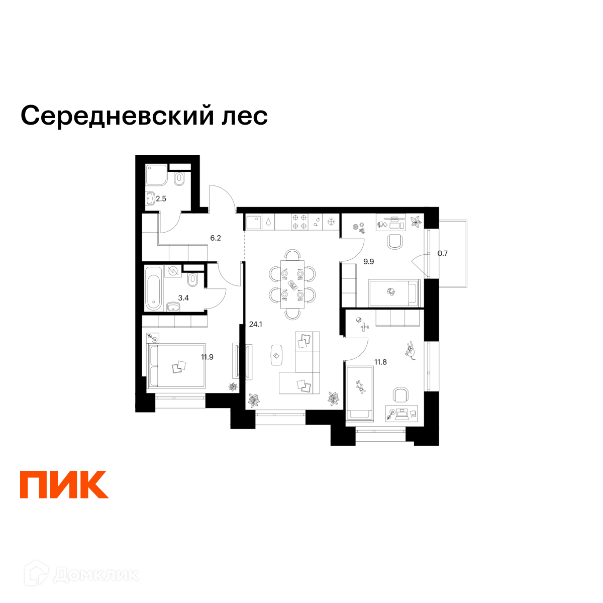 Планировка 3-комн. в ЖК «Середневский лес»