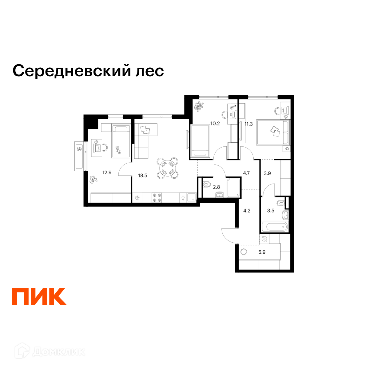 Планировка 3-комн. в ЖК «Середневский лес»