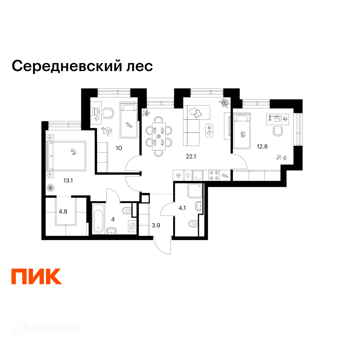 Планировка 3-комн. в ЖК «Середневский лес»