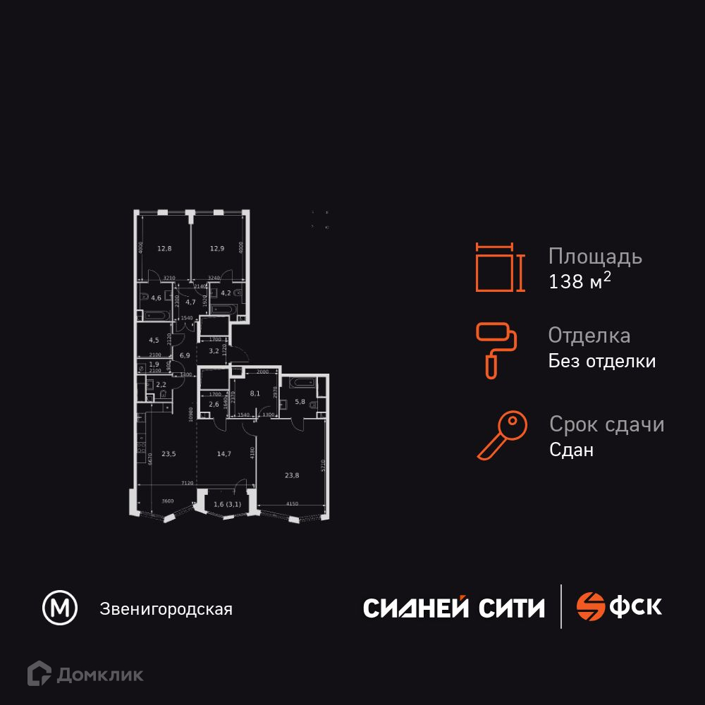 Планировка 3-комн. в ЖК «Сидней Сити»