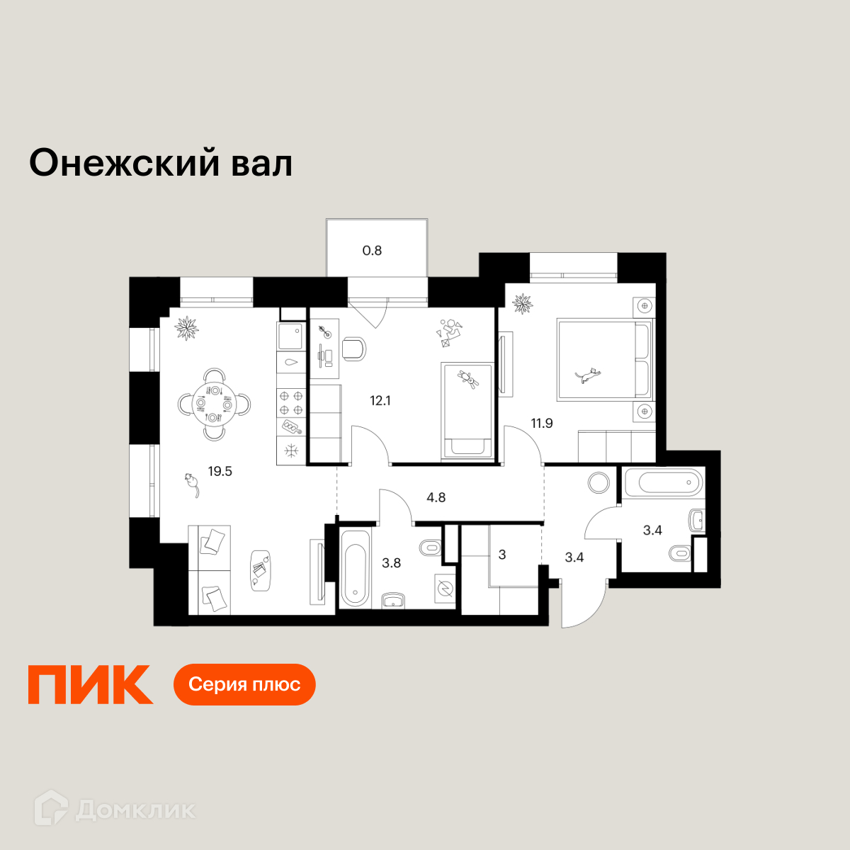 Планировка 2-комн. в ЖК «Онежский вал»
