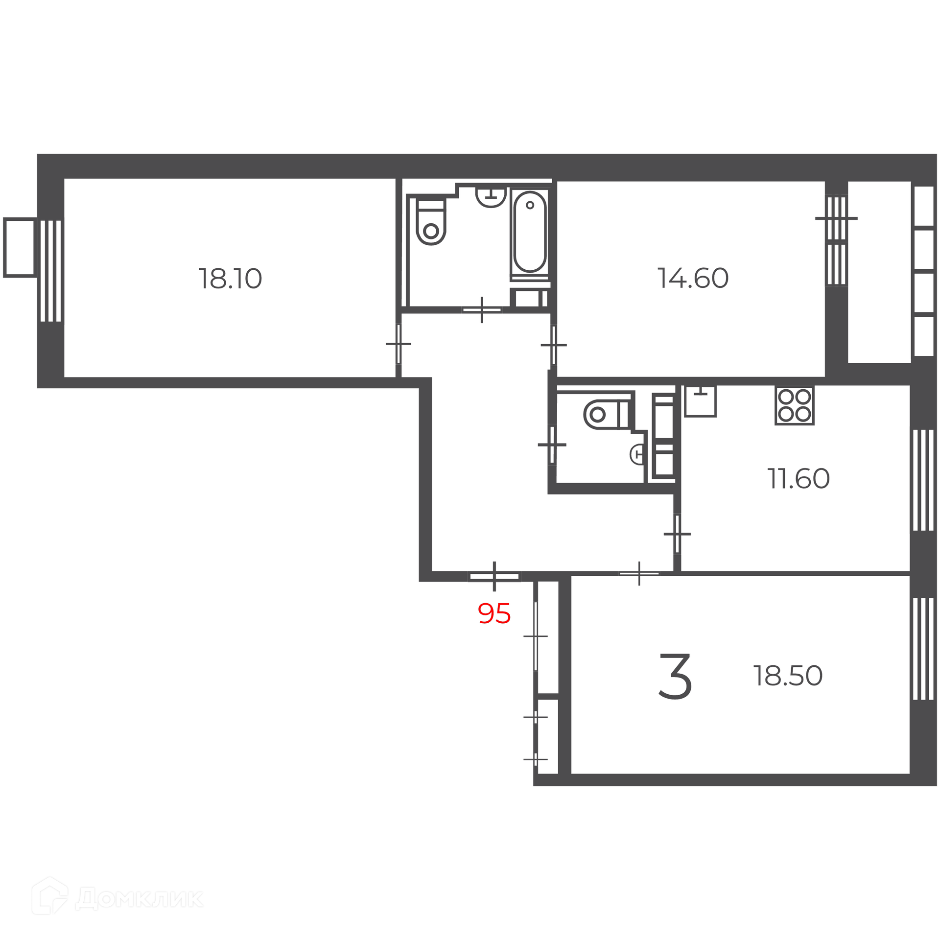 Планировка 3-комн. в ЖК «Чечёрский проезд, 28А (Московские кварталы)»