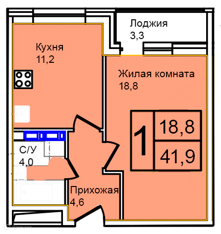 Планировка 1-комн. в ЖК «Троицкий»