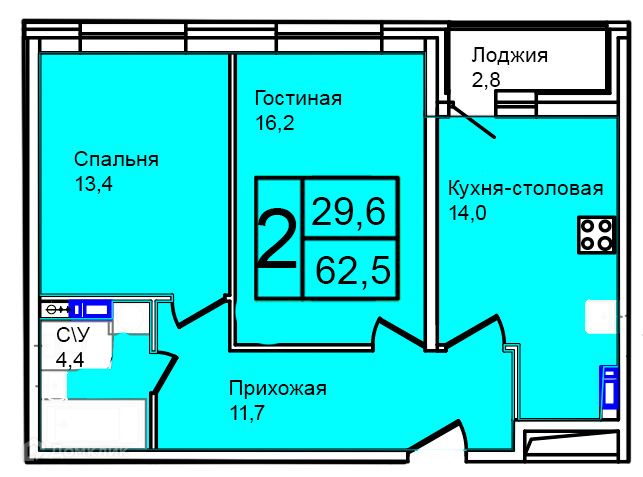 Планировка 2-комн. в ЖК «Троицкий»