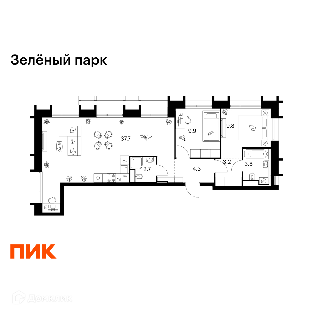 Планировка 2-комн. в ЖК «Зелёный парк»