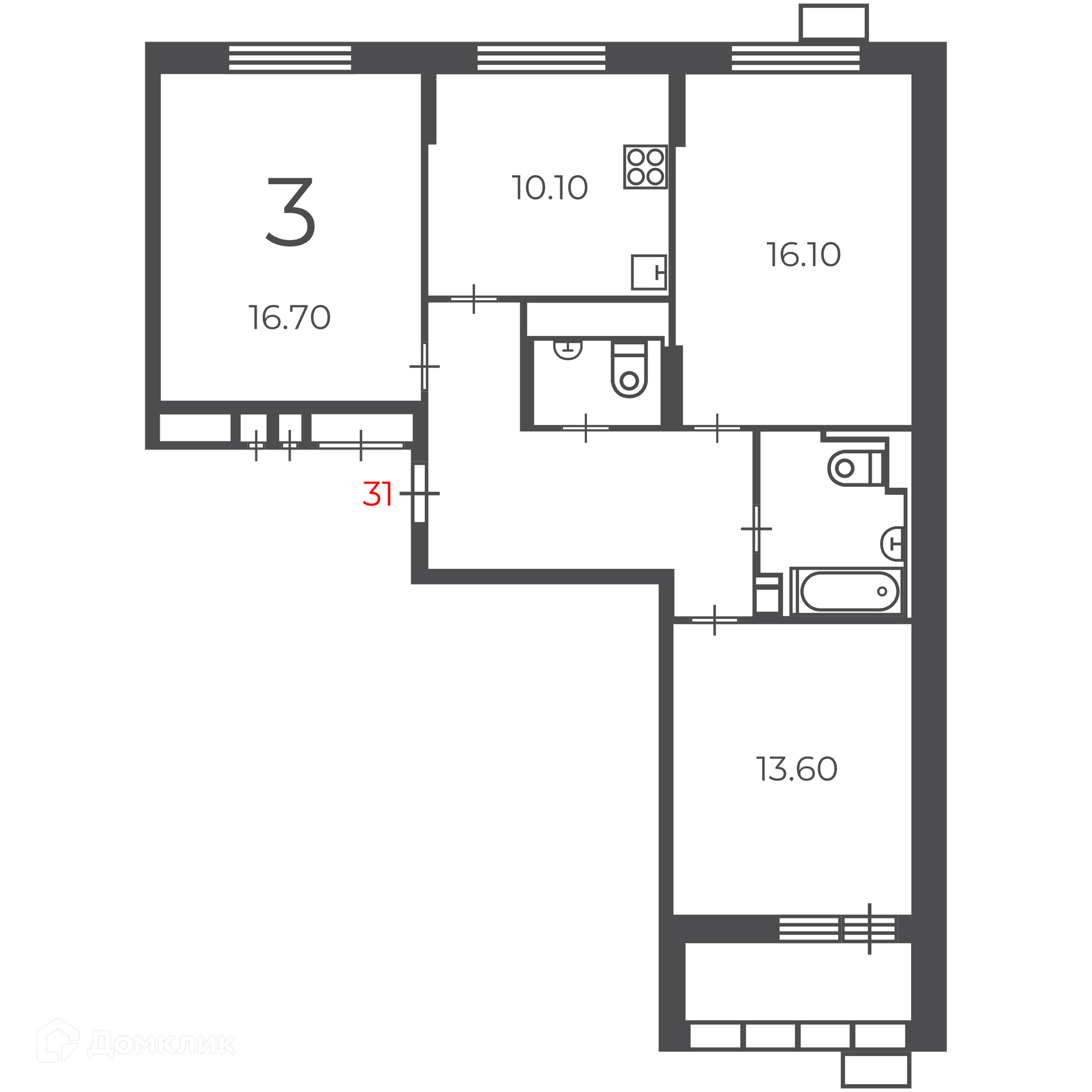 Планировка 3-комн. в ЖК «Чечёрский проезд, 28А (Московские кварталы)»