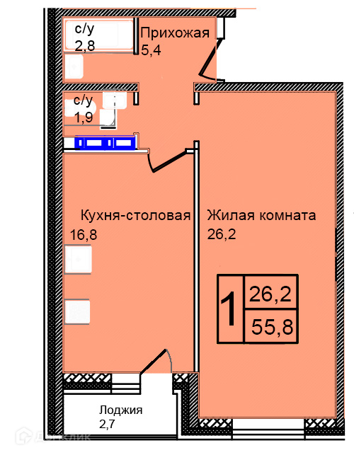 Планировка 1-комн. в ЖК «Троицкий»