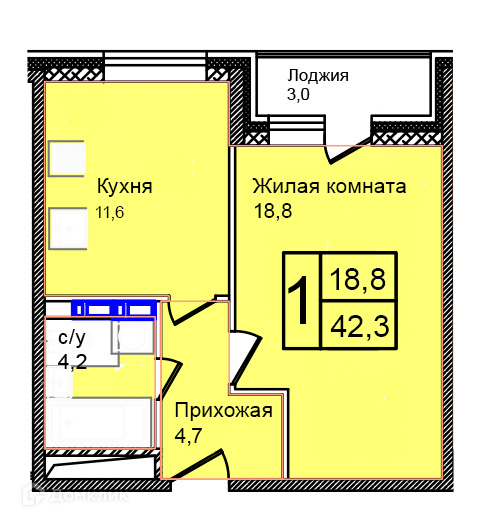 Планировка 1-комн. в ЖК «Троицкий»