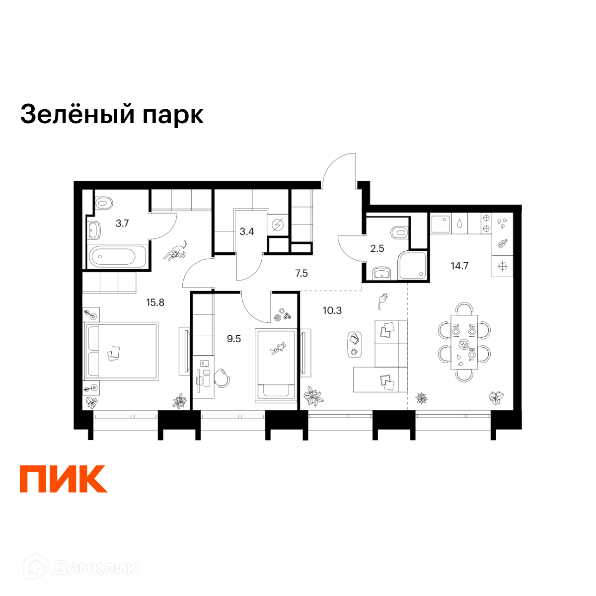 Планировка 1-комн. в ЖК «Зелёный парк»