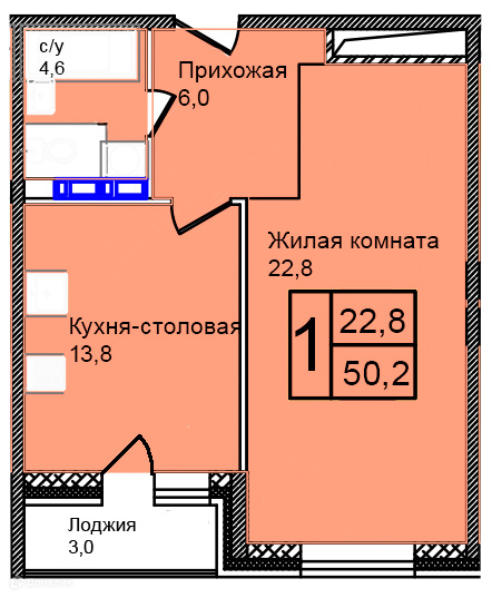 Планировка 1-комн. в ЖК «Троицкий»