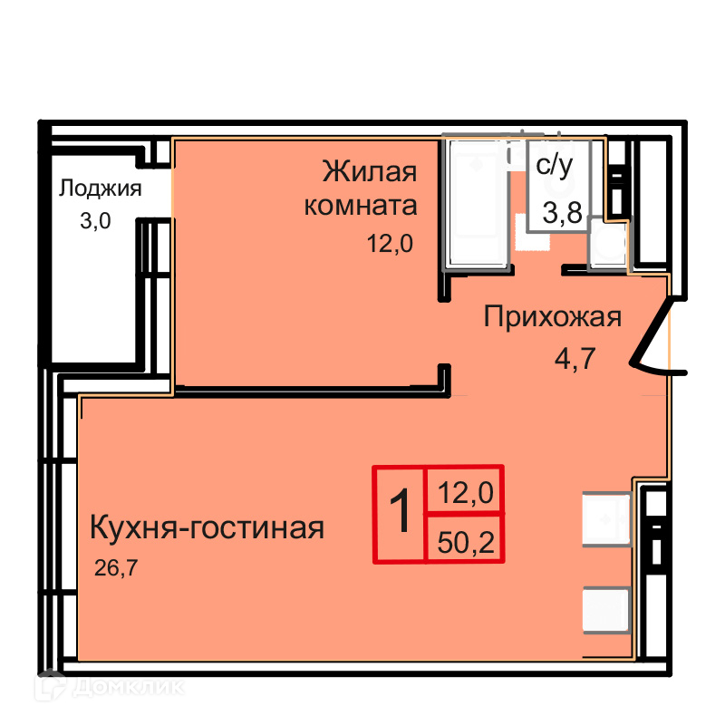 Планировка 1-комн. в ЖК «Троицкий»
