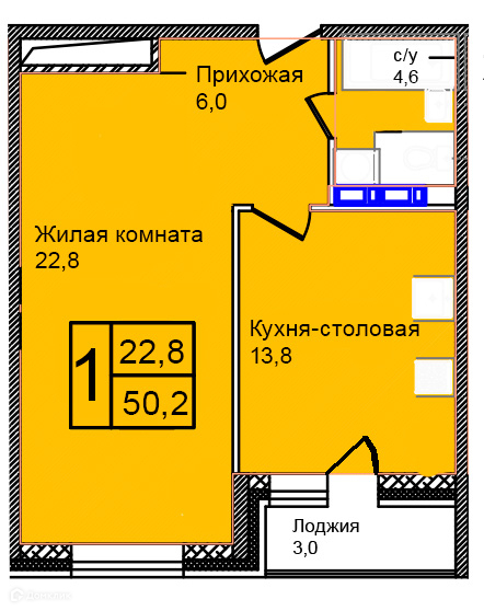 Планировка 1-комн. в ЖК «Троицкий»