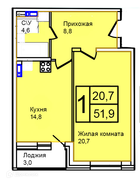 Планировка 1-комн. в ЖК «Троицкий»