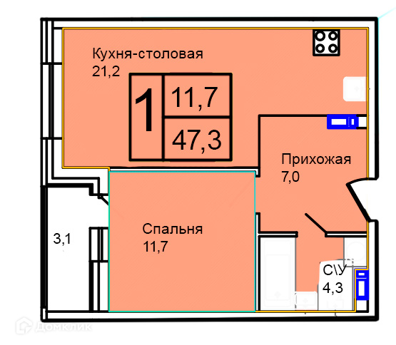 Планировка 1-комн. в ЖК «Троицкий»