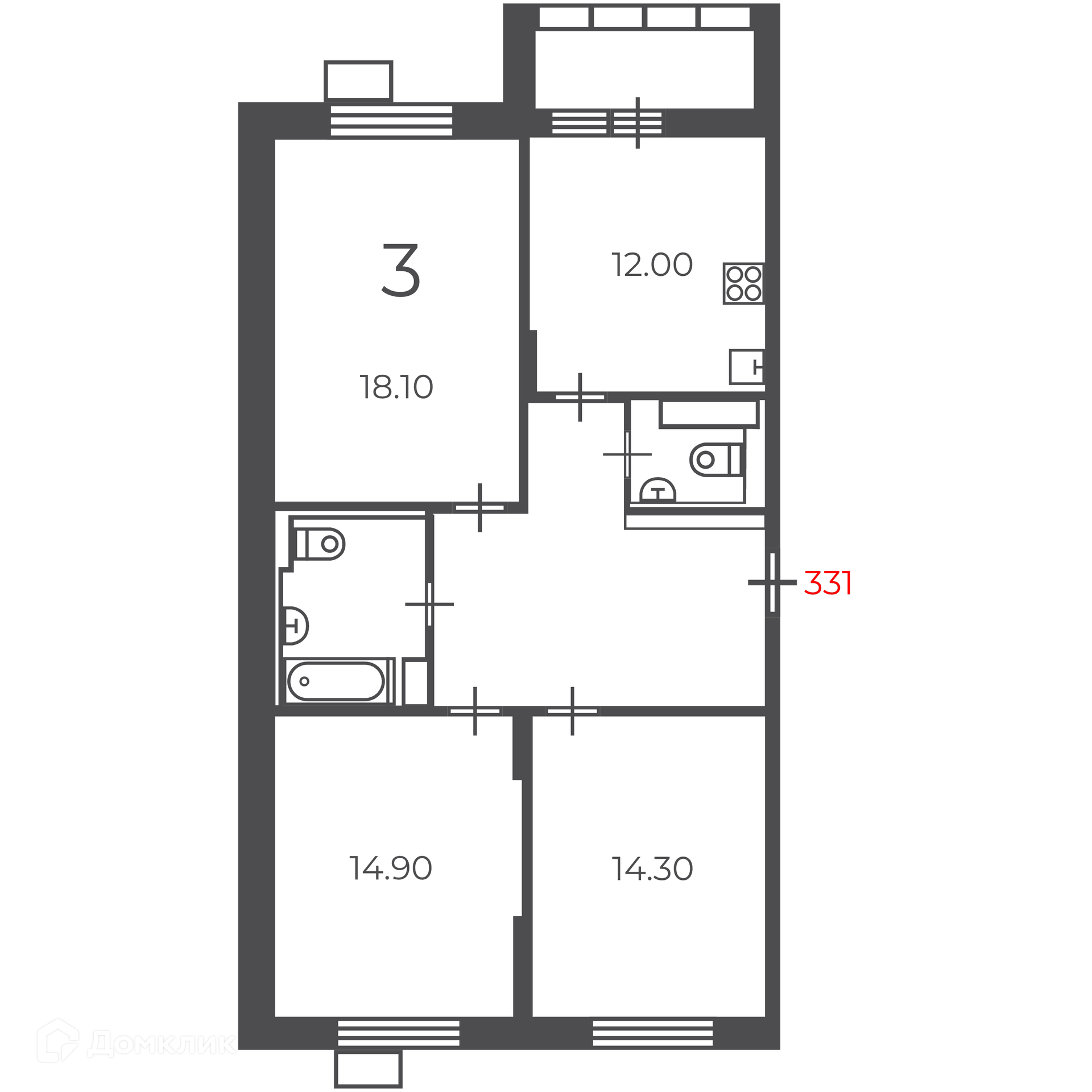 Планировка 3-комн. в ЖК «Чечёрский проезд, 28А (Московские кварталы)»