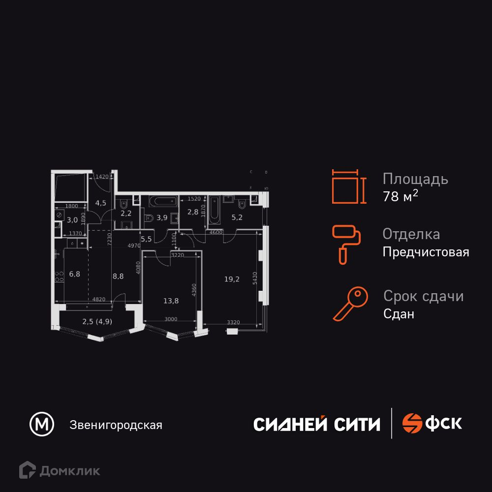 Планировка 2-комн. в ЖК «Сидней Сити»
