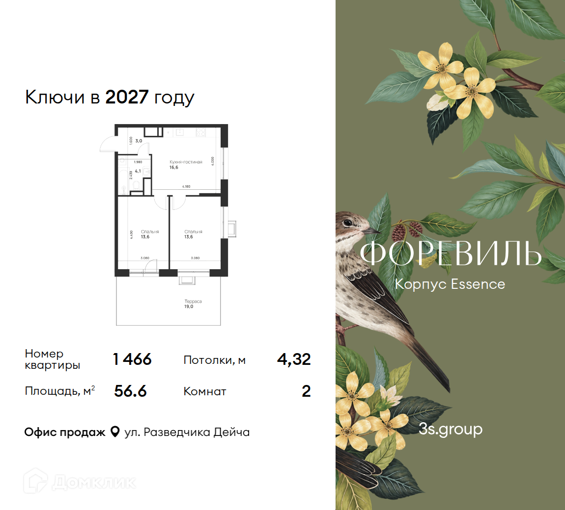 Планировка 2-комн. в ЖК «Форэвилль»
