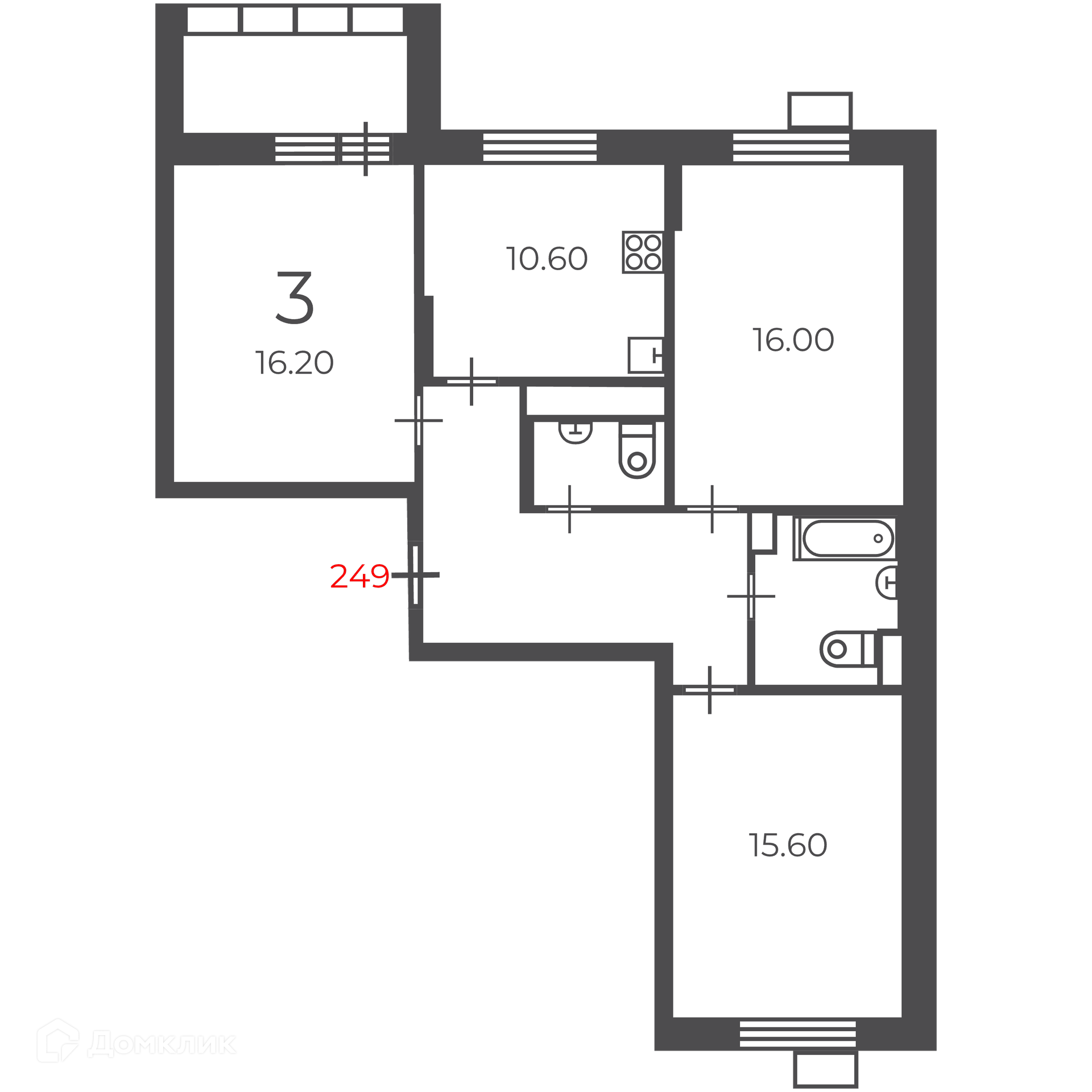 Планировка 3-комн. в ЖК «Чечёрский проезд, 28А (Московские кварталы)»