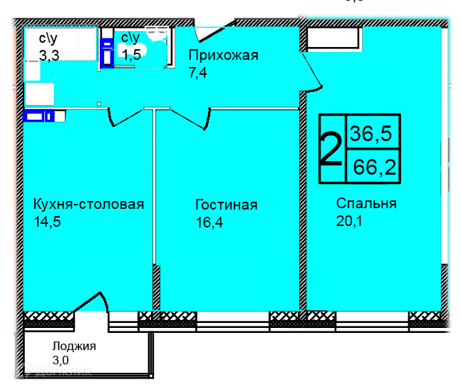 Планировка 2-комн. в ЖК «Троицкий»