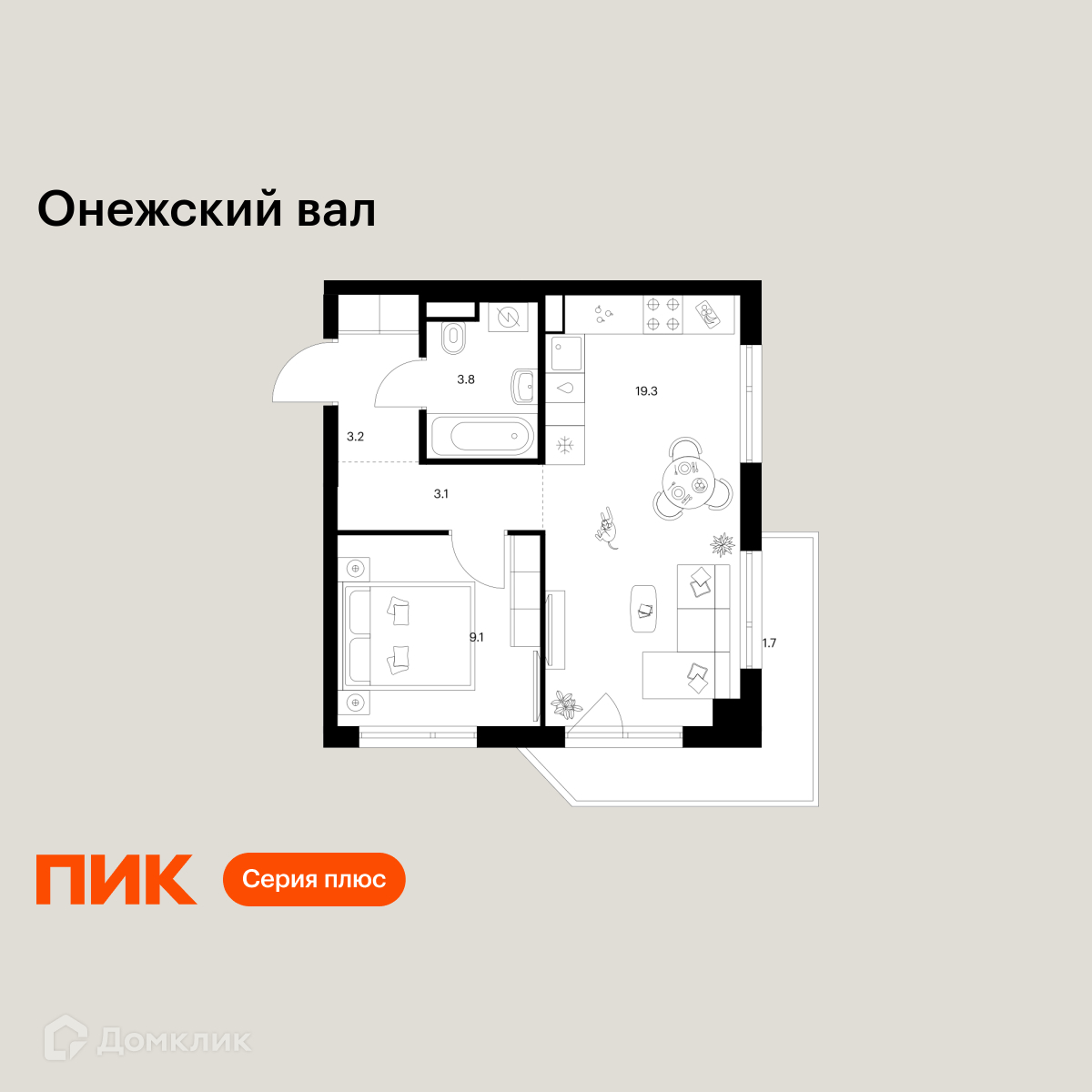 Планировка 1-комн. в ЖК «Онежский вал»