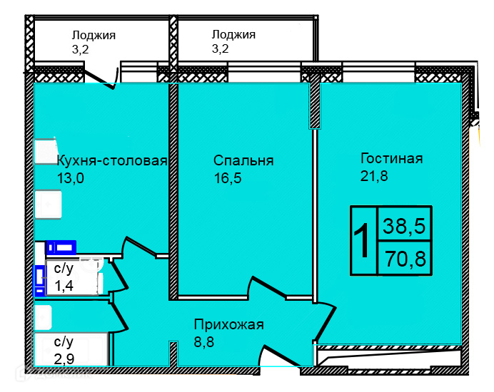 Планировка 2-комн. в ЖК «Троицкий»