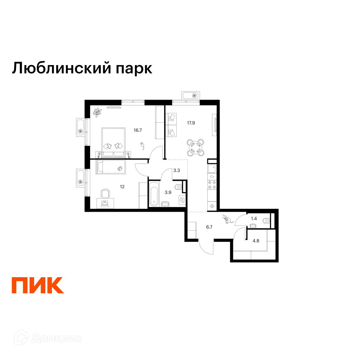 Планировка 2-комн. в ЖК «Люблинский парк»