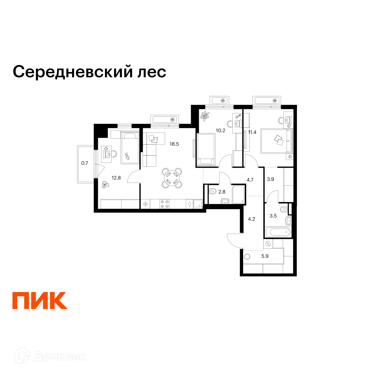 Планировка 3-комн. в ЖК «Середневский лес»