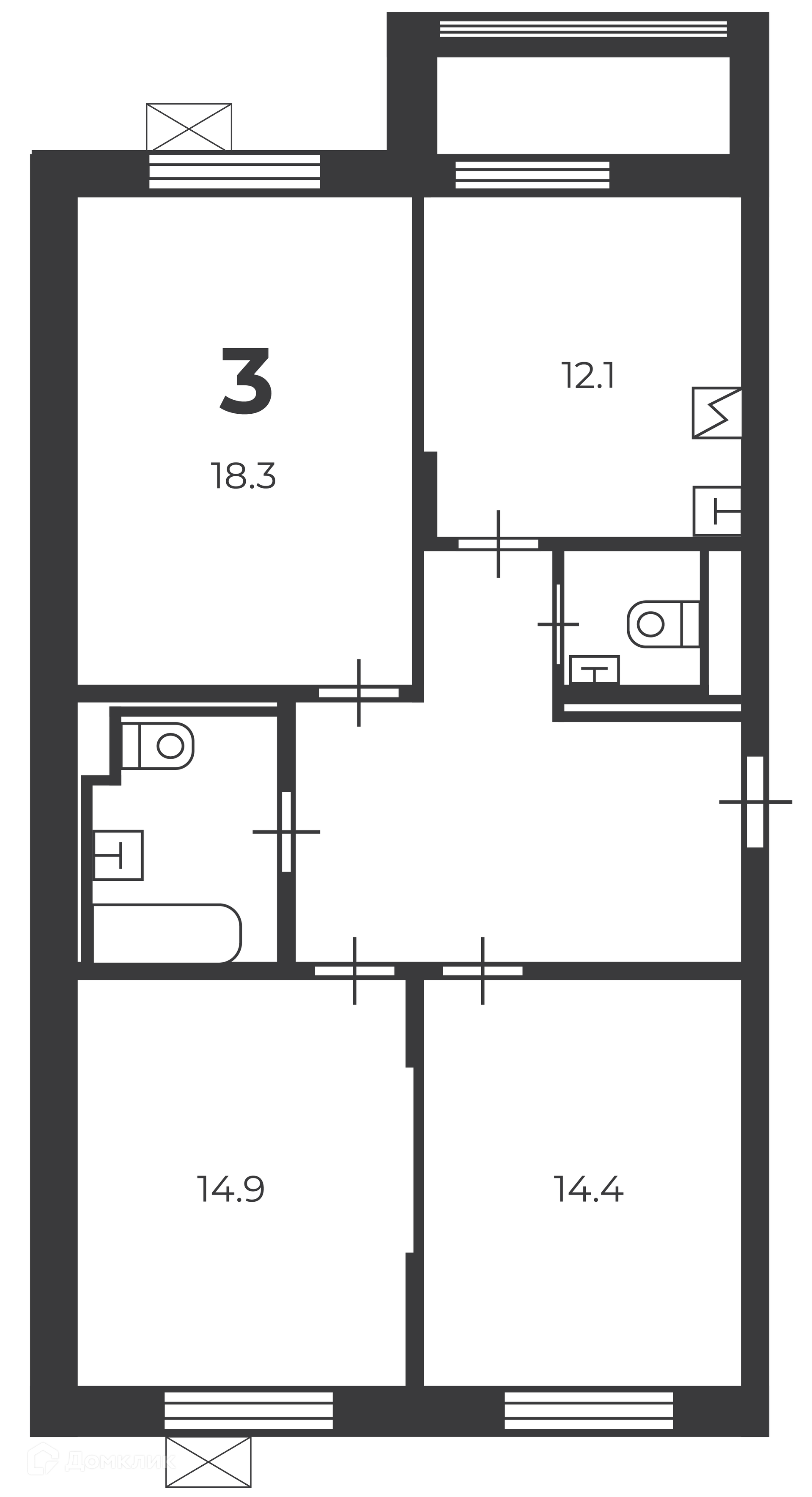 Планировка 3-комн. в ЖК «Чечёрский проезд, 28А (Московские кварталы)»