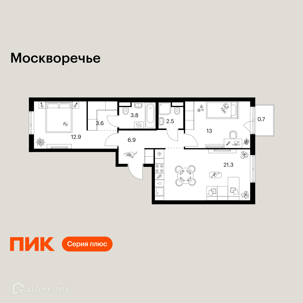 Планировка 2-комн. в ЖК «Москворечье»