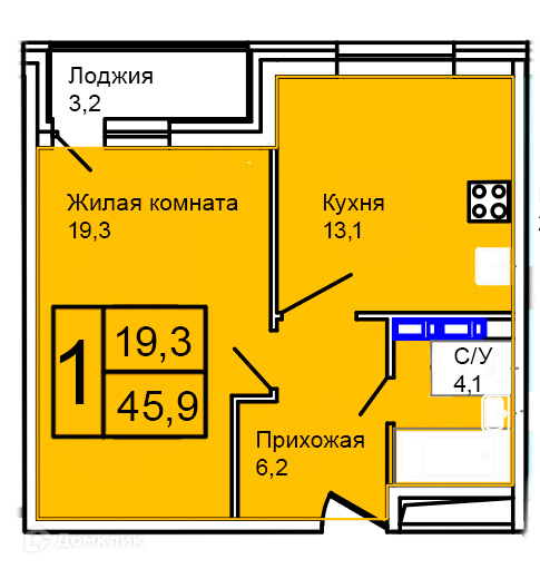 Планировка 1-комн. в ЖК «Троицкий»