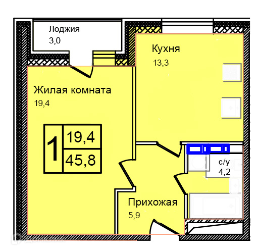 Планировка 1-комн. в ЖК «Троицкий»