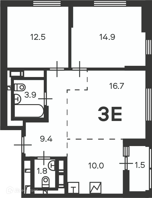 Планировка 3-комн. в ЖК «Кусковская ул., д. 12/1 (Московские кварталы)»