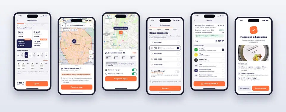 Экраны приложения JustFood: срок подписки, адрес на карте, детали адреса, время доставки, оплата и подтверждение