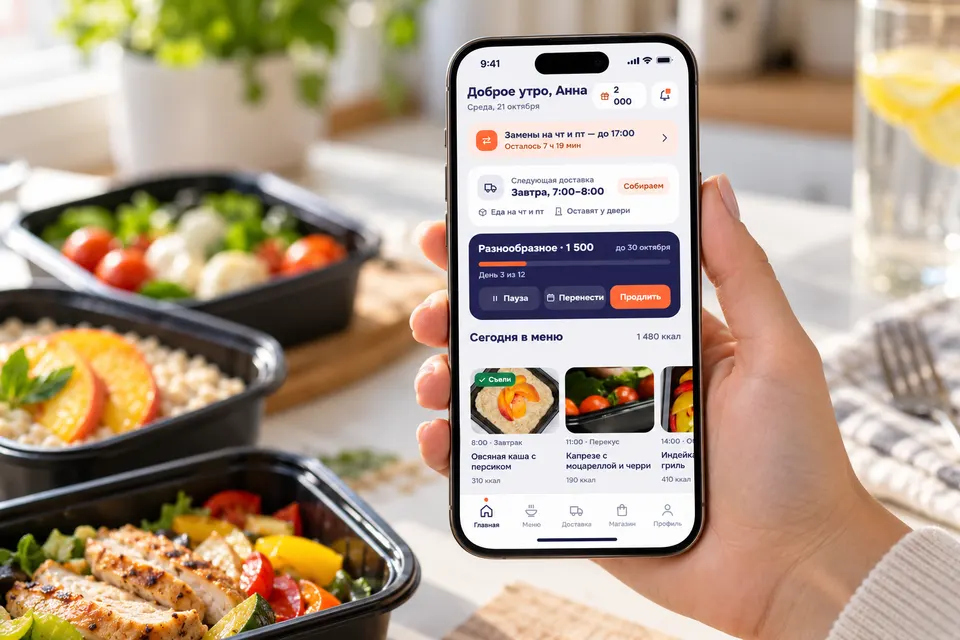 Приложение JustFood на iPhone: главный экран с подпиской и меню на день, рядом контейнеры с готовой едой